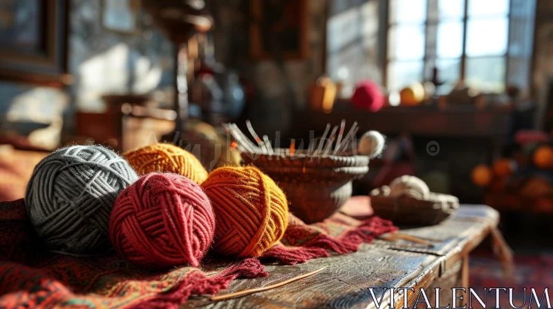 Cozy Still Life: Knitting Supplies on a Wooden Table AI Image