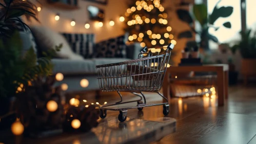 Cozy Still Life: Miniature Shopping Cart on Wooden Table with Christmas Tree
