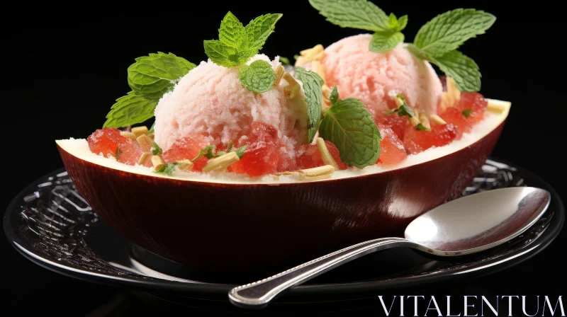 Delectable Pink Ice Cream Dessert in Watermelon Shell AI Image