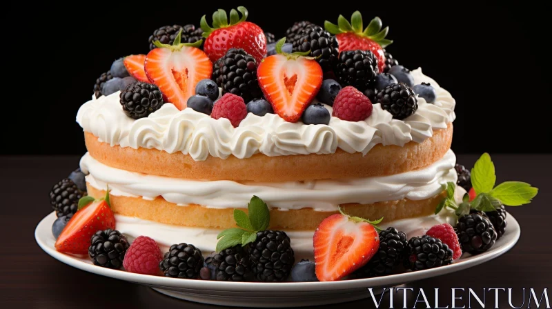 AI ART Delicious Cake with Fresh Berries and Whipped Cream