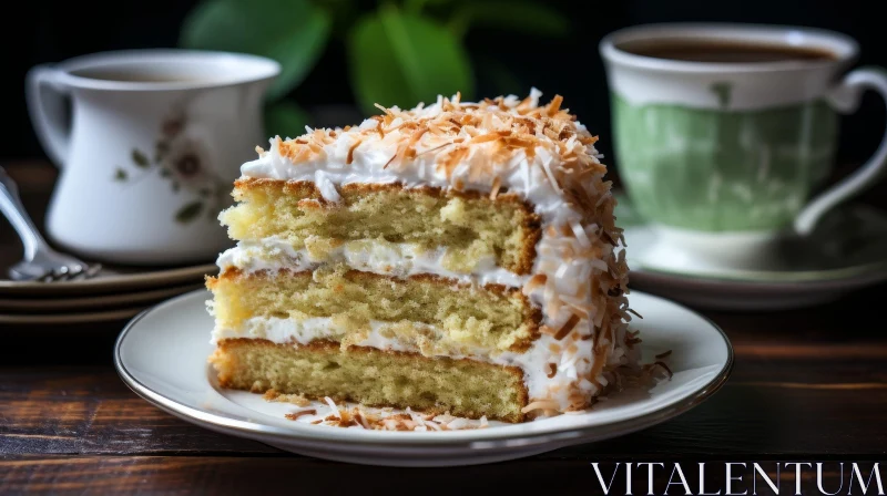 Delicious Coconut Cake Slice with Coffee on Table AI Image