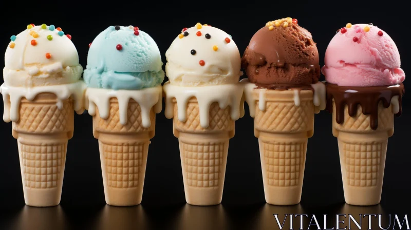 Delicious Ice Cream Cones: Colorful Desserts on Black Background AI Image