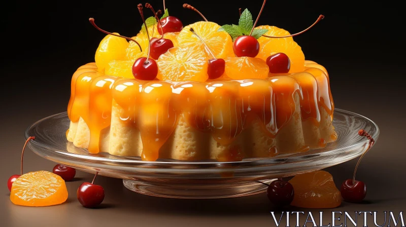 Delicious Orange Glazed Cake with Cherries and Mint Leaves AI Image