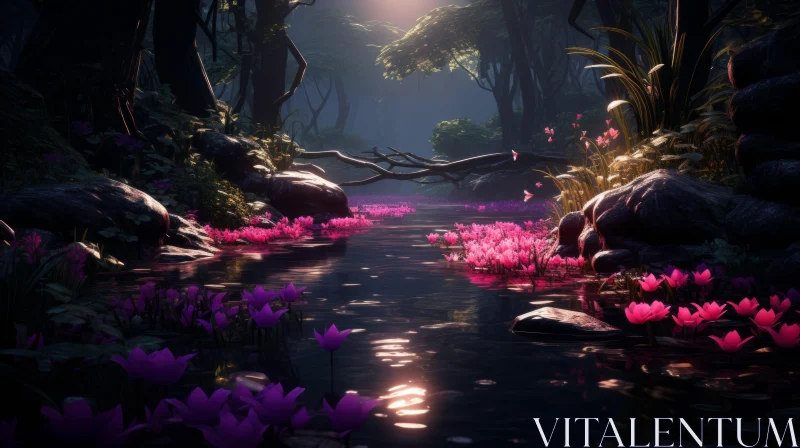 Enchanting Forest Stream with Pink Flowers - Unreal Engine Inspired AI Image