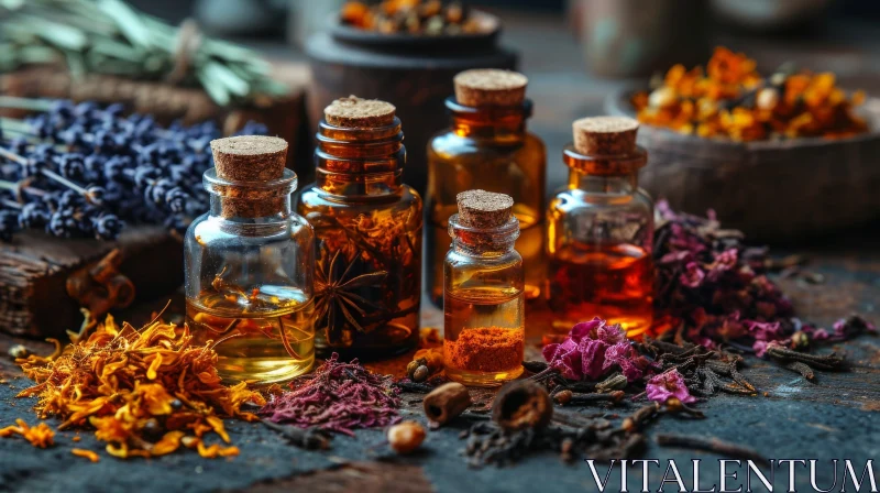 Essential Oils Still Life on Wooden Table AI Image