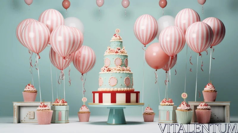Festive Birthday Cake with Pink and White Balloons AI Image