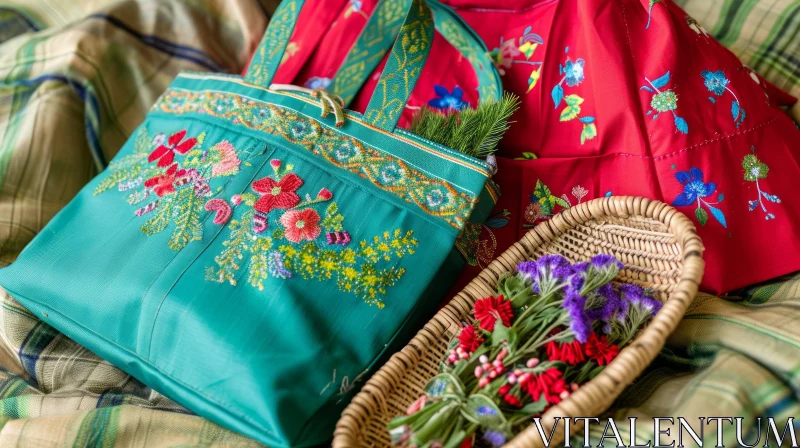 Green Embroidered Bag and Red Dress with Floral Pattern AI Image
