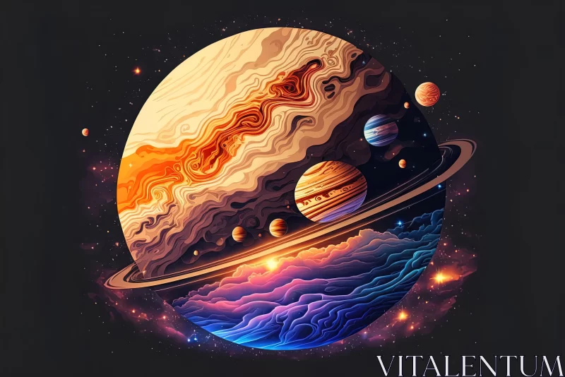 Intricate Psychedelic Landscapes of Saturn and Planets in Outer Space AI Image