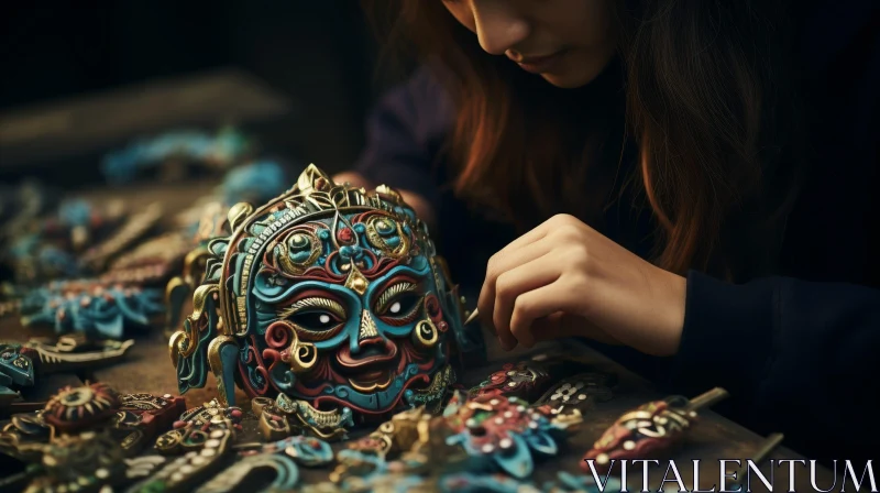 Intricately Designed Mask Examination by Young Woman AI Image