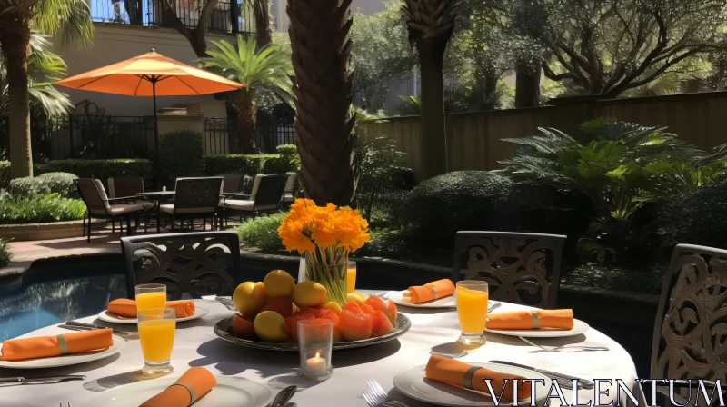 Italianate Flair: Sunny Outdoor Dining Scene with Oranges AI Image