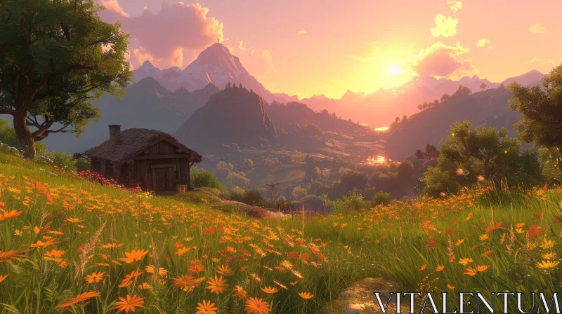 Mountain Valley Sunset Landscape AI Image