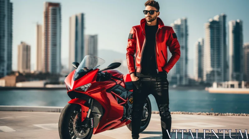 Red Leather Jacket Man with Red Motorcycle AI Image