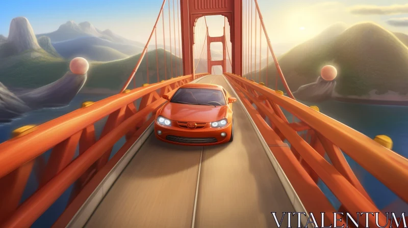 Red Sports Car Driving Over Suspension Bridge - Digital Painting AI Image