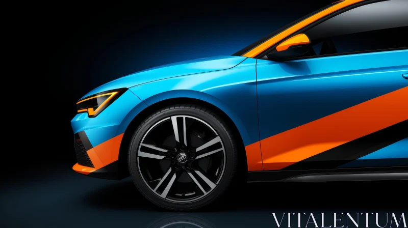 AI ART Sleek Blue Car with Orange and Black Stripes in Dark Garage