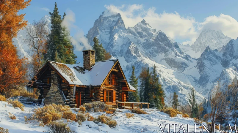 Snowy Mountain Cabin Landscape AI Image