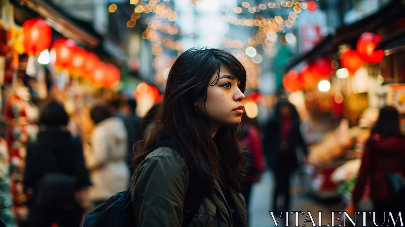 Thoughtful Woman in a Vibrant Asian Market - Captivating Image AI Image