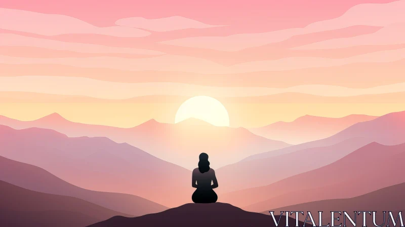 Tranquil Mountain Sunset with Meditating Woman AI Image