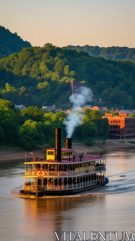 AI ART Tranquil Sunset River Steamboat Scene