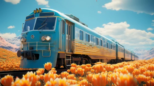 Vintage Blue Train Travelling Through Tulip Field