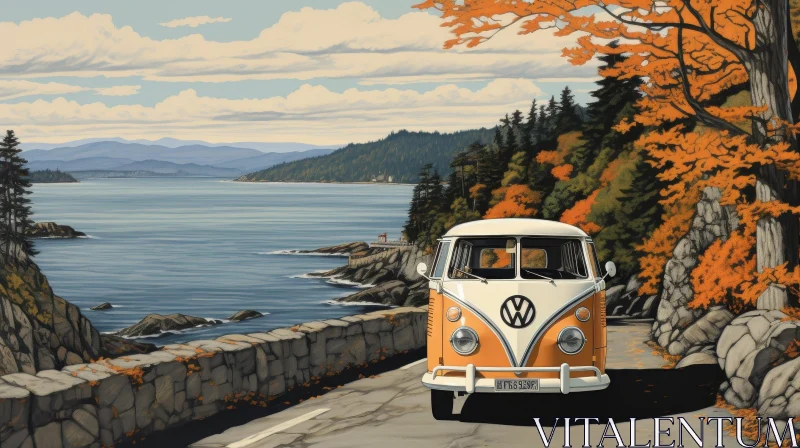 Vintage Volkswagen Bus Driving on Coastal Road Painting AI Image
