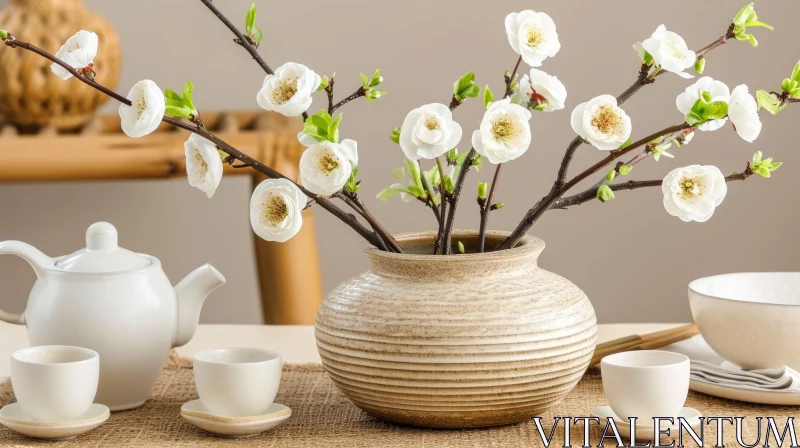 White Flowers Ceramic Vase Table Still Life Photography AI Image