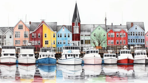 Cheerful Watercolor Painting of Colorful Houses and Boats in a Serene Harbor