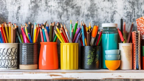 Colorful Art Supplies Composition on Wooden Table