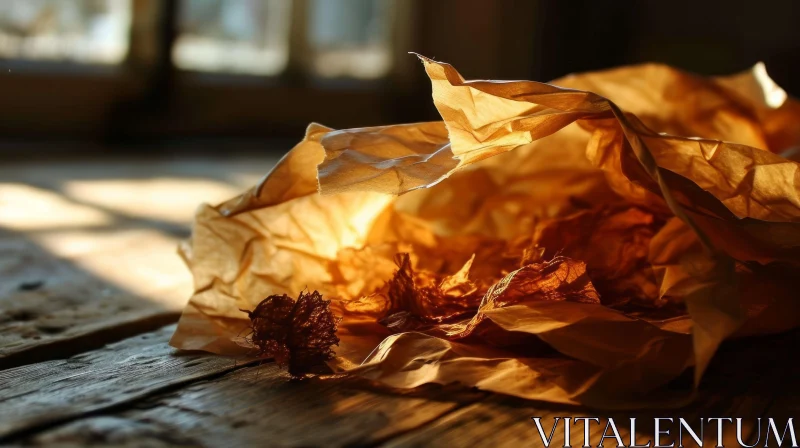 Crumpled Paper Bag on Wooden Table: Close-Up Abstract Art AI Image