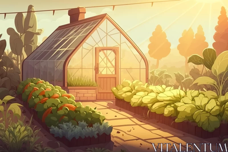 Enchanting Cartoon Garden with Greenhouse: Warm Tones & Golden Light AI Image