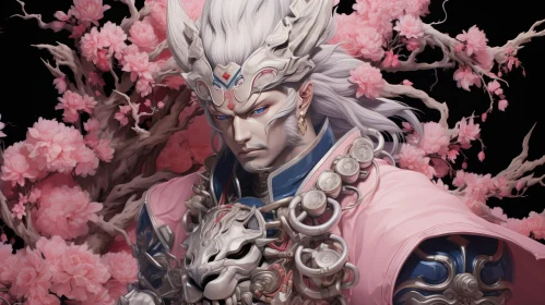 Enigmatic Man Portrait with Wolf Mask and Cherry Blossoms