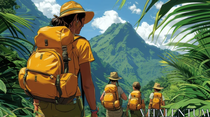 Four People Hiking in Jungle Cartoon Illustration AI Image