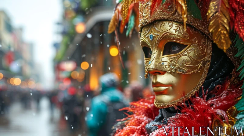 Gold Venetian Mask with Feathers in Crowd AI Image