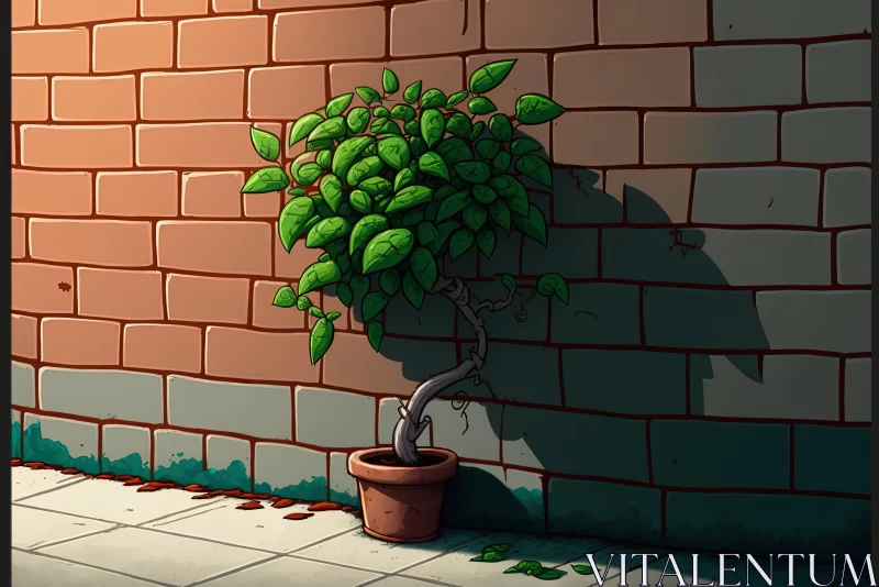 Hyper-Detailed Surrealistic Illustration of a Potted Plant Against a Brick Wall AI Image