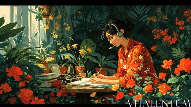 Immersed in Nature: A Captivating Digital Painting of a Woman in a Lush Garden AI Image