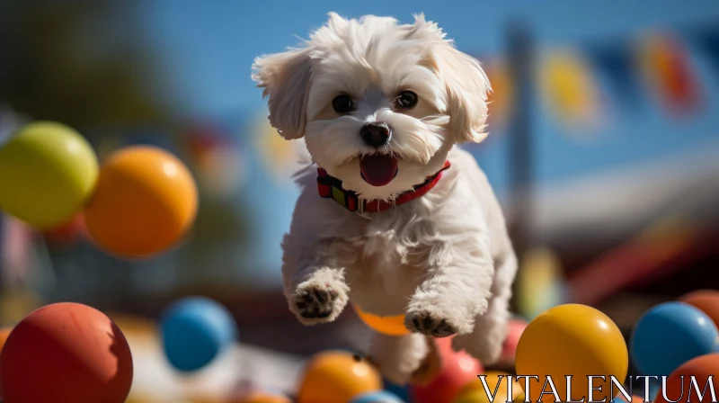 Joyful White Dog Running Through Colorful Balloons in Outdoor Park AI Image