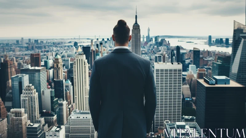 Man in Suit on City Rooftop - Urban Landscape View AI Image