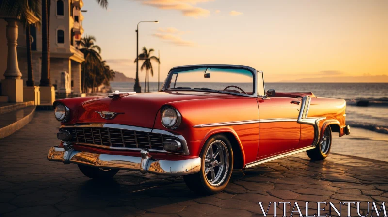 Red Chevrolet Bel Air Convertible at Sunset by the Ocean AI Image