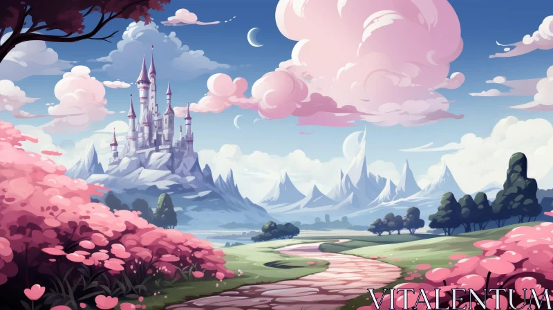 Tranquil Castle Landscape with Mountains and Pink Flowers AI Image
