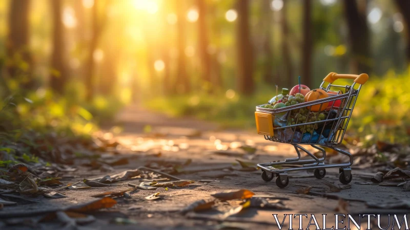 Tranquil Forest Path: Shopping Cart Filled with Fresh Fruits and Vegetables AI Image
