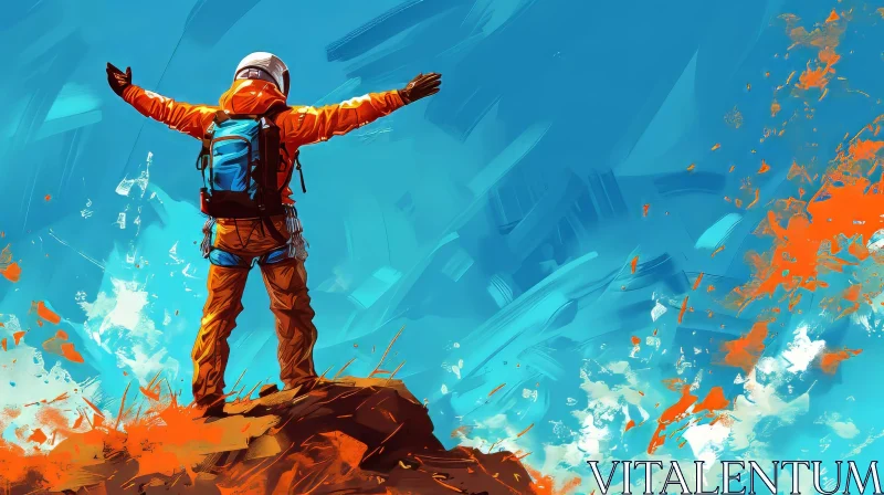 Triumphant Man on Mountaintop Painting AI Image