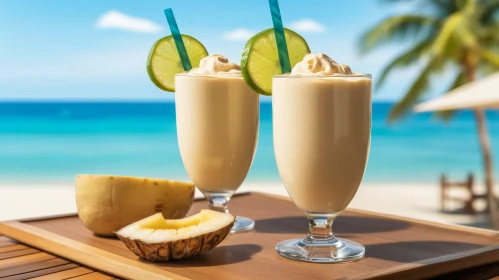 Tropical Pineapple Colada Cocktail on Beach