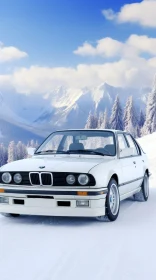 White BMW Car on Snowy Mountain Road