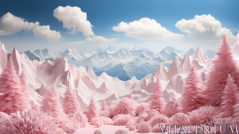 AI ART Winter Landscape with Snow-Capped Mountains and Pink Flowers
