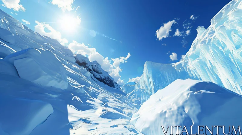 Winter Landscape with Snow-Capped Mountains and Sunlight AI Image