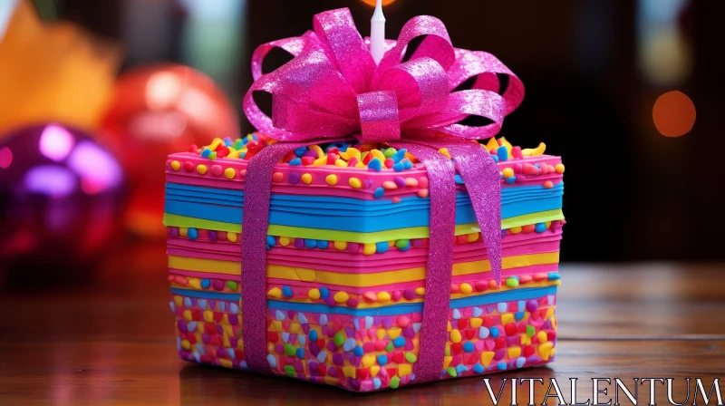 Birthday Cake with Pink Bow on Wooden Table AI Image