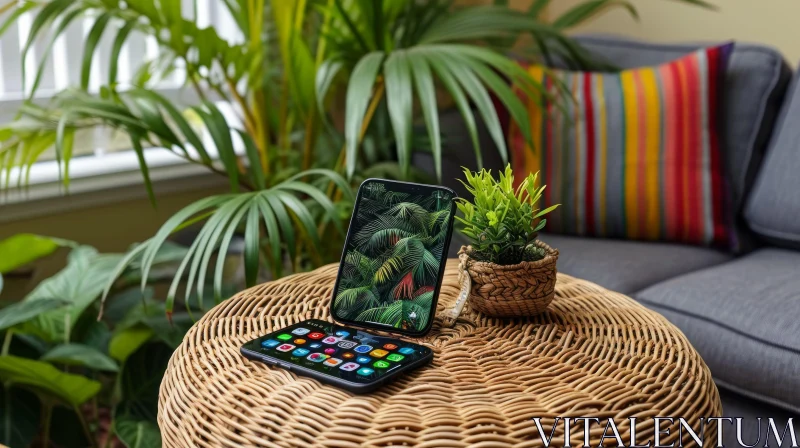 Black Smartphone with Jungle-Themed Wallpaper on Wicker Table AI Image