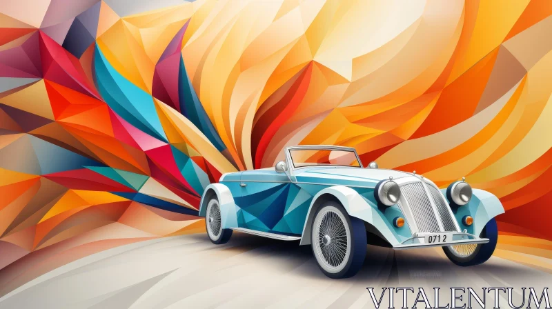 Blue and White Vintage Car Digital Painting AI Image