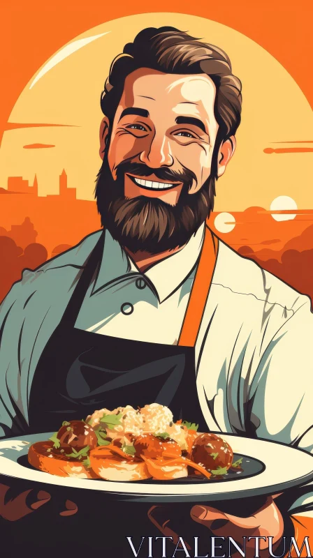 Cheerful Chef with Delicious Meal at Sunset AI Image