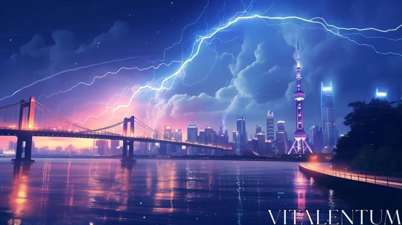 Cityscape Lightning Storm: Dramatic Urban Scene AI Image
