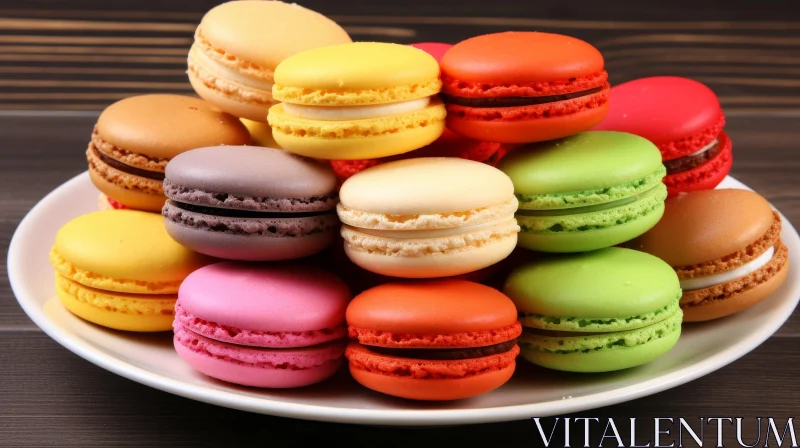 Colorful Macarons on Plate - Wooden Table Setting AI Image
